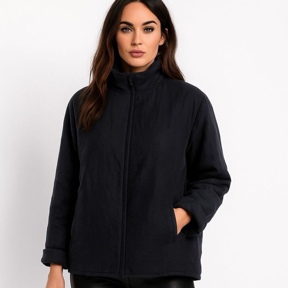 Eileen Fisher Midnight Blue Padded Habutai Silk Linen Jacket High Neck Size M